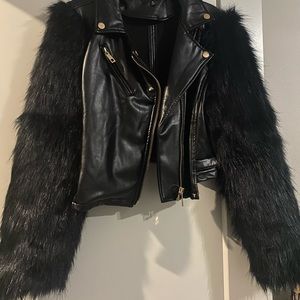 Leather Bomber Jacket with Fur Sleeves